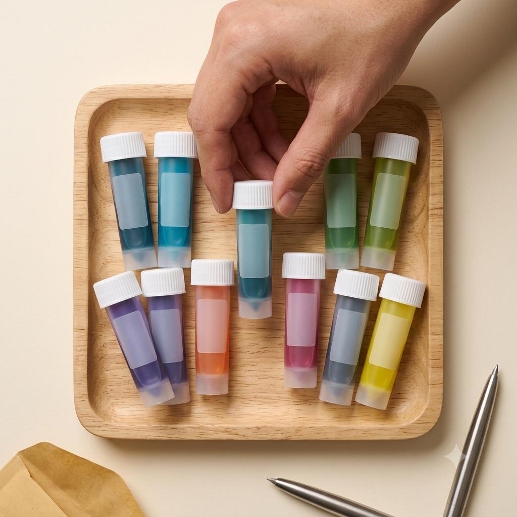 A shelf of bottled inks in graded colours.